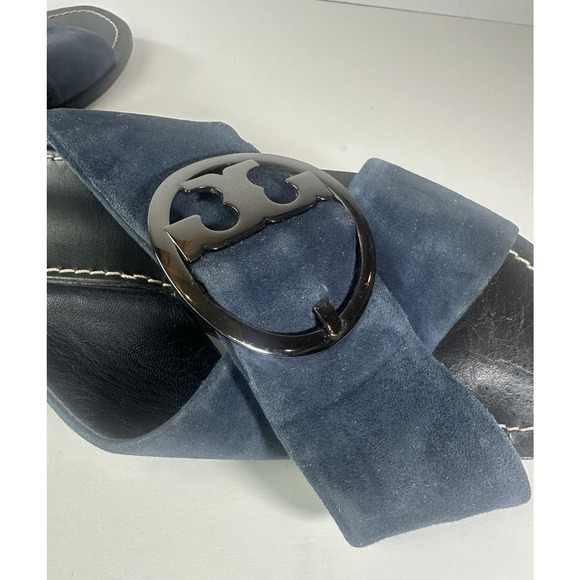 Tory Burch Grant Suede Sandal Open Toe Criss Cross Slides Midnight Blue 7.5 M - Picture 9 of 16